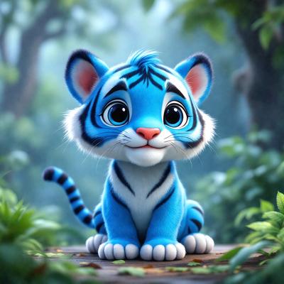 The primary subject of the image is a small, cute, and colorful cartoon tiger. The tiger is sitting on a wooden surface, possibly a log, and appears to be smiling. The setting is a forest, with trees and leaves surrounding the tiger. The visual style is a digital art or illustration, giving the image a vibrant and lively appearance. The dominant colors are blue and white, with the tiger being predominantly blue and the surrounding environment being green and brown. The overall atmosphere is